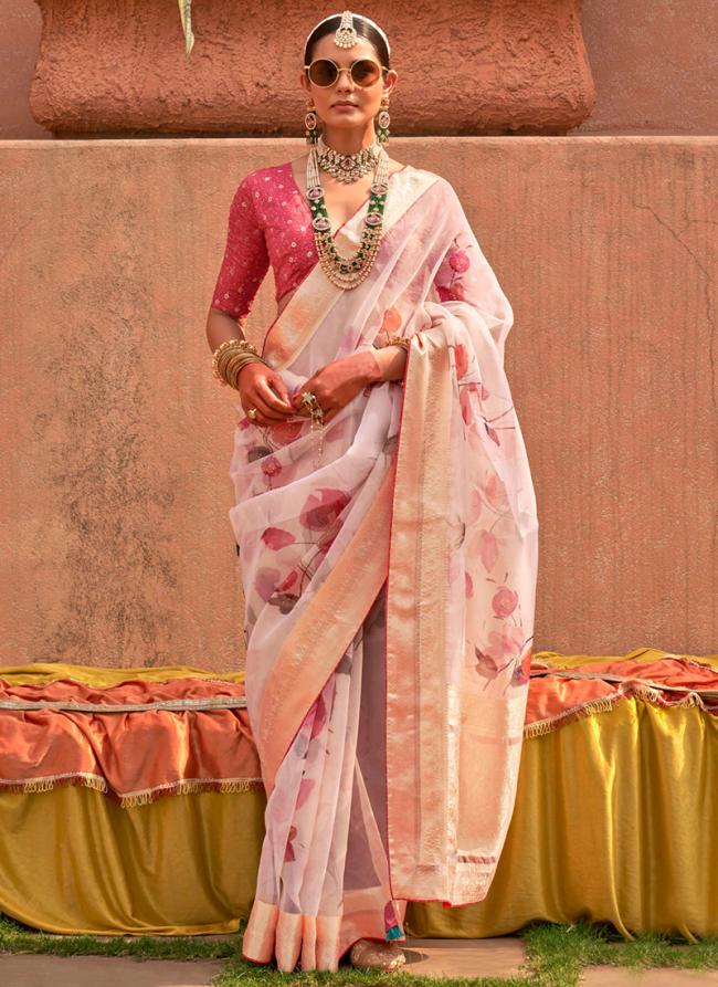 Organza Silk Baby Pink Casual Wear Printed Saree